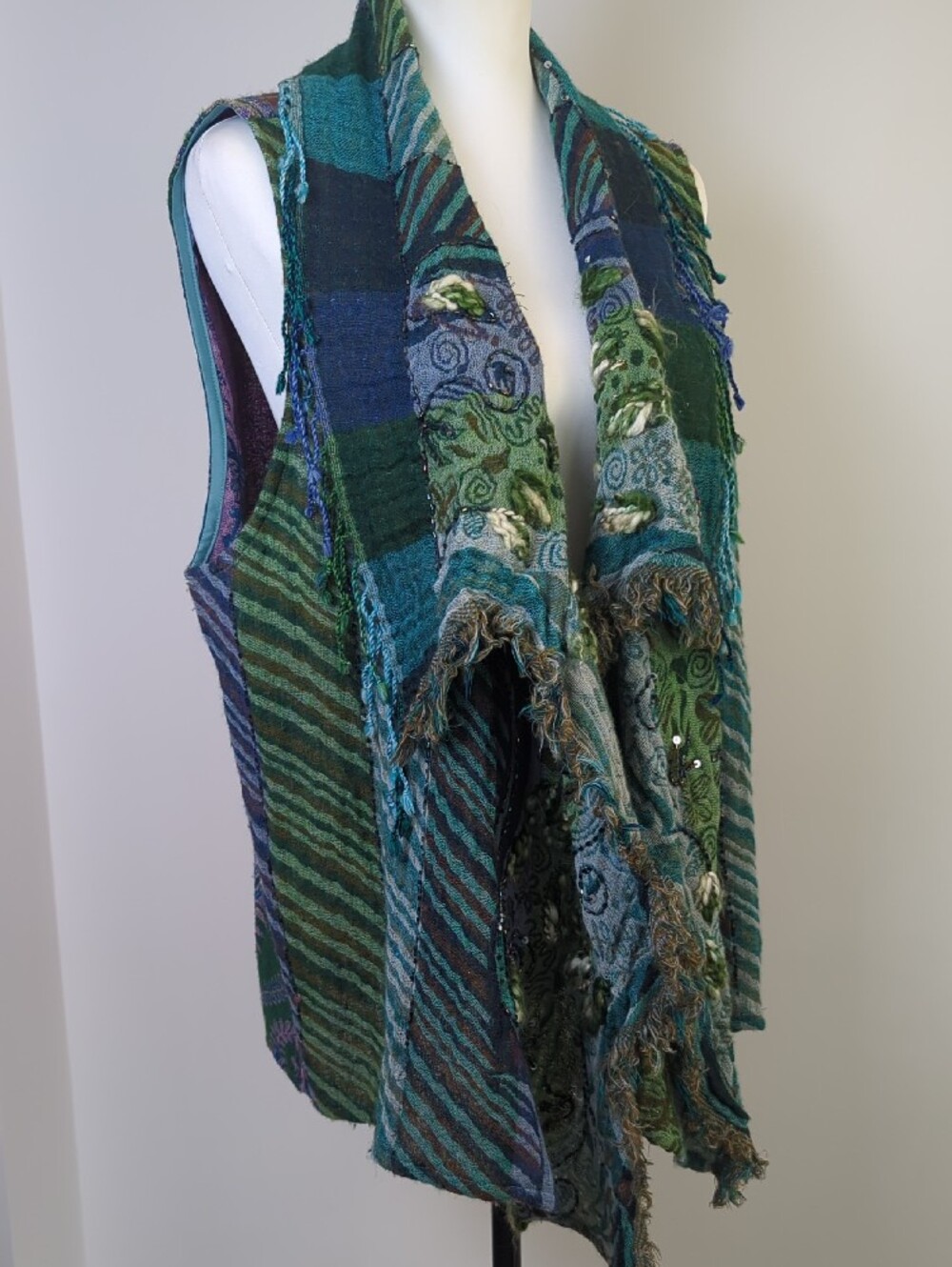 Anu by Natural 100% Wool Paisley Patchwork Beaded Boho Draped Vest Green Blue XL - Picture 5 of 16